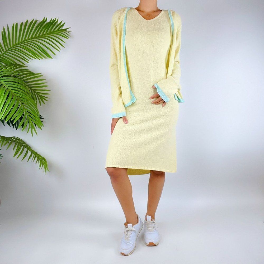 Vintage Y2K Beachy Yellow & Blue Classy Two Piece Midi Dress & Cardigan / Sz: M